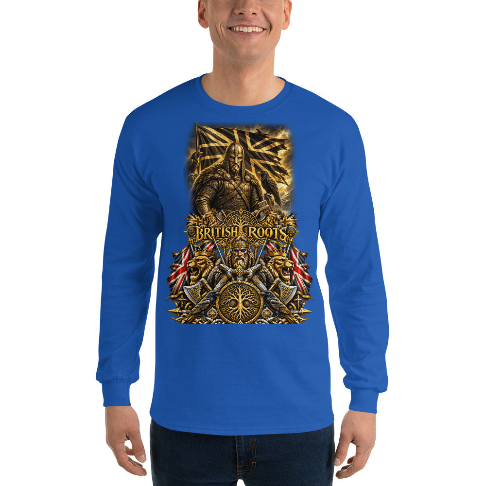 A man wearing a royal blue long-sleeve t-shirt with a large gold and black 'British Roots' graphic on the chest, paired with dark jeans, against a plain white background.