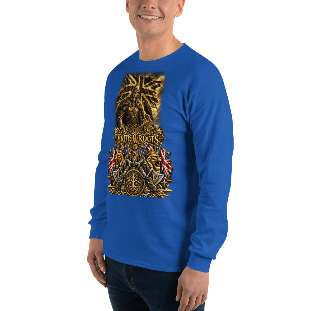 A man wearing a royal blue long-sleeve t-shirt with a large gold and black graphic on the front that reads 'British Roots'.