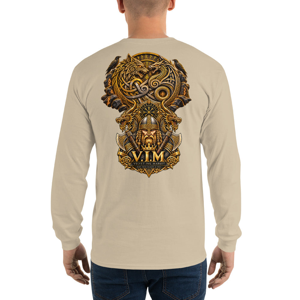 A man viewed from the back wearing a beige long-sleeve t-shirt with a large, detailed Norse-themed graphic on the back in gold, brown, and black, featuring a horned helmet and the text 'V.I.