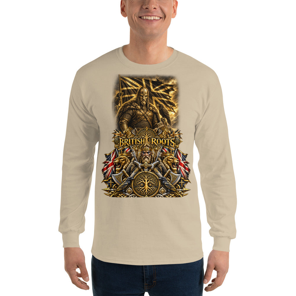 A man wearing a beige long-sleeve t-shirt with a large, detailed graphic print on the front. The graphic features a Viking warrior, the text 'BRITISH ROOTS', Union Jack flags, and historical symbols in gold, red, and blue.