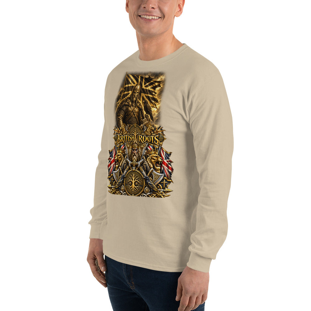A man wearing a beige long-sleeve t-shirt with a large graphic print on the front. The graphic features a golden eagle, crossed rifles, and Union Jack flags with the text 'BRITISH ROOTS'.