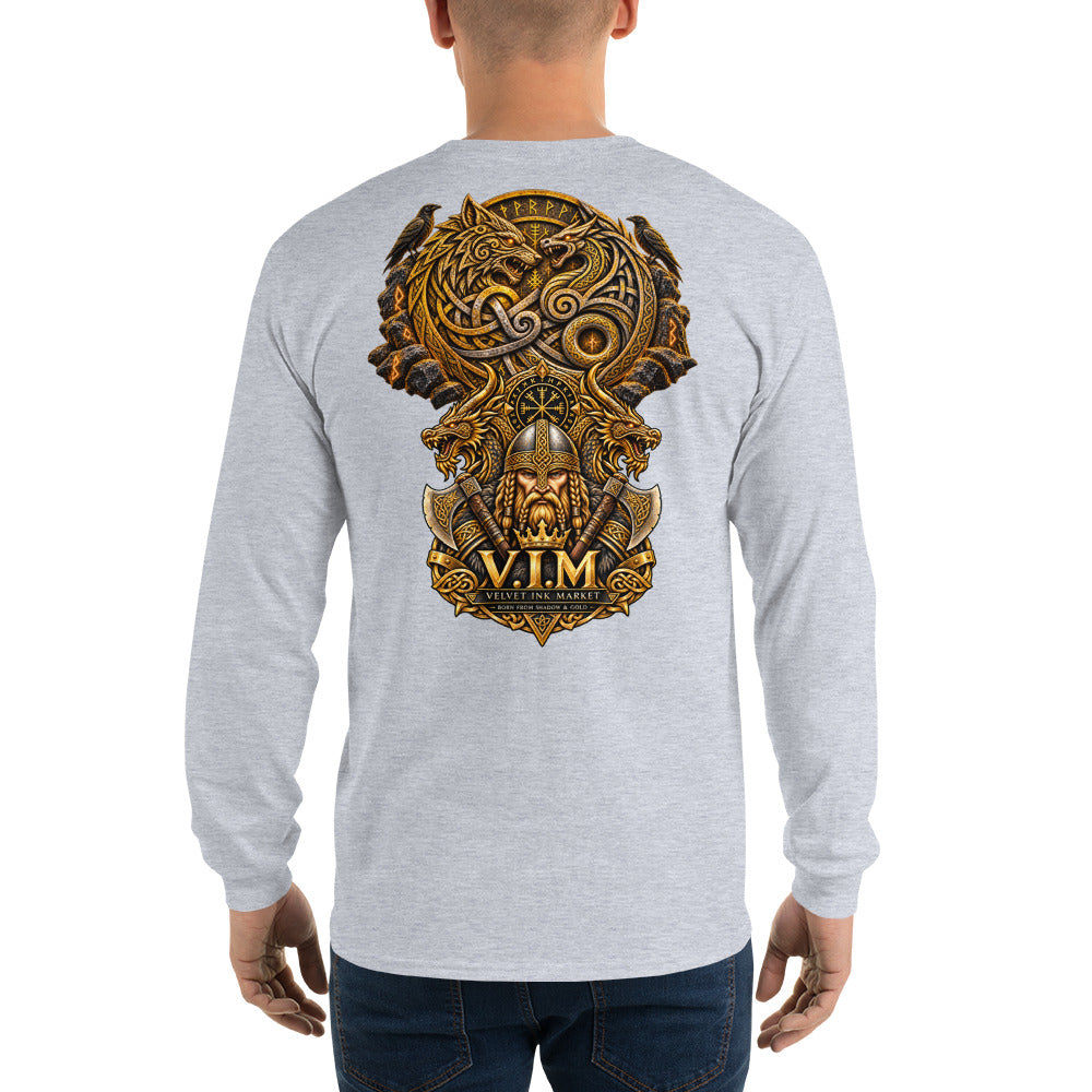 A man viewed from the back wearing a light heather gray long-sleeve t-shirt with a large, detailed gold and brown Norse-themed graphic on the back featuring a dragon, helmet, and the text 'V.I.