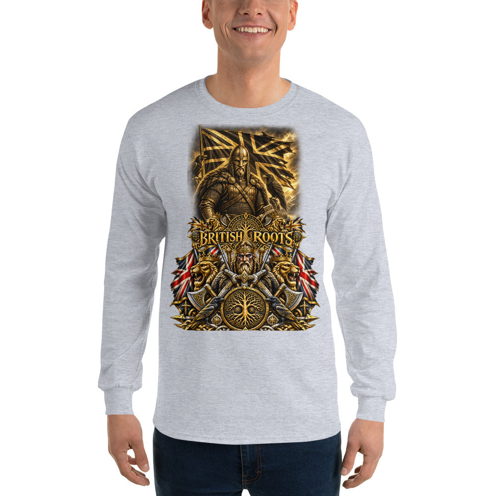 A man wearing a light gray long-sleeve t-shirt with a large, detailed gold and red graphic on the front that reads 'BRITISH ROOTS'.