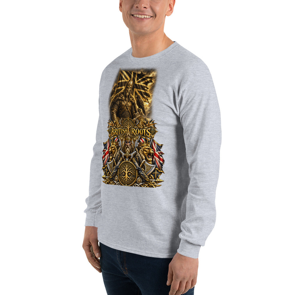 A man wearing a light heather gray long-sleeve t-shirt with a large, detailed gold and red graphic on the front featuring a tree and the text 'British Roots'.