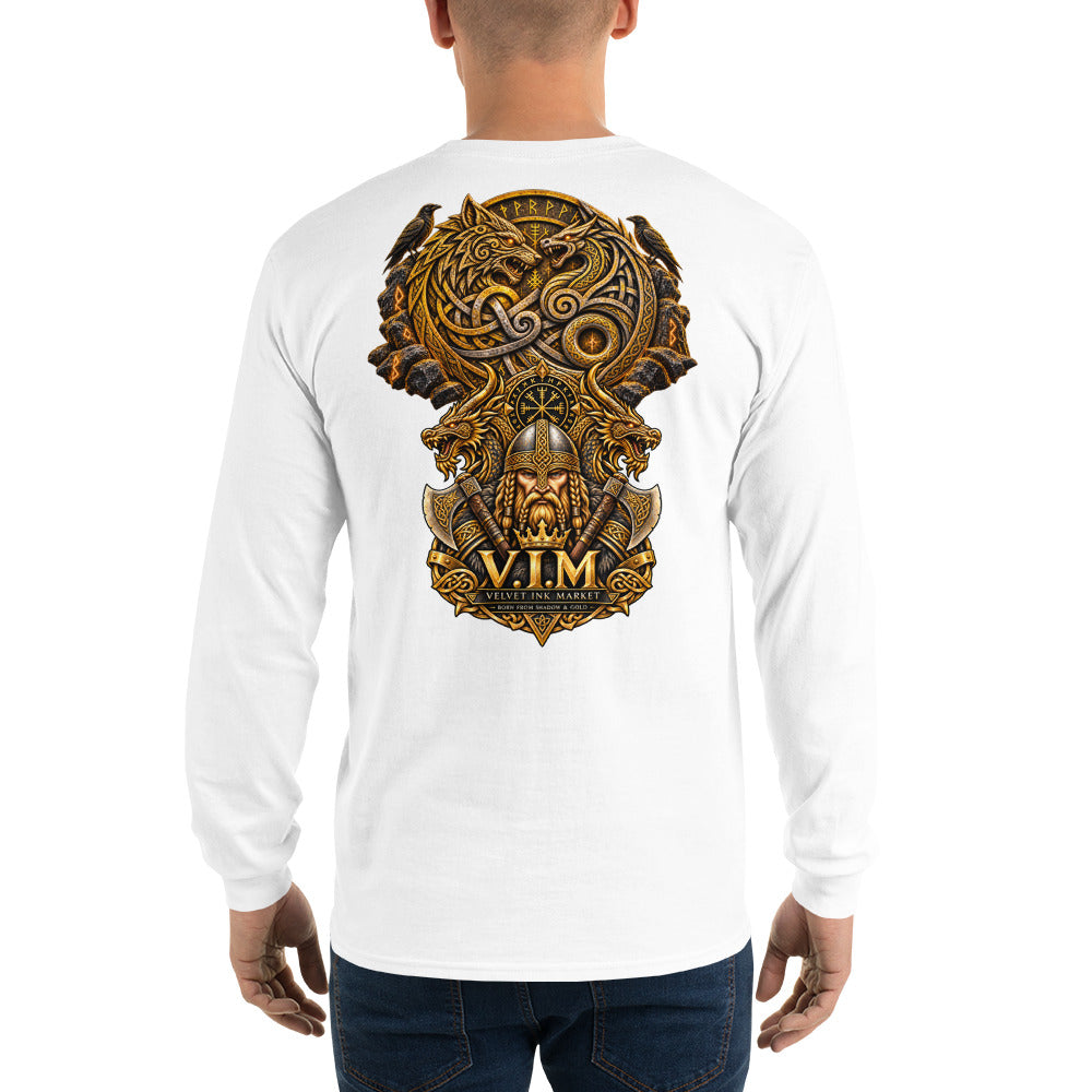 A man viewed from the back wearing a white long-sleeve t-shirt with a large, detailed Norse-themed graphic in gold and brown on the back. The graphic features a Viking helmet, a wolf, and the text 'V.