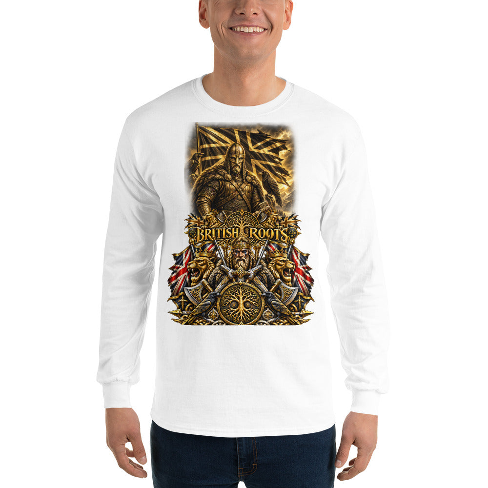 A man wearing a white long-sleeve t-shirt with a large, detailed gold and black graphic on the front that reads 'BRITISH ROOTS', paired with dark blue jeans, against a plain white background.