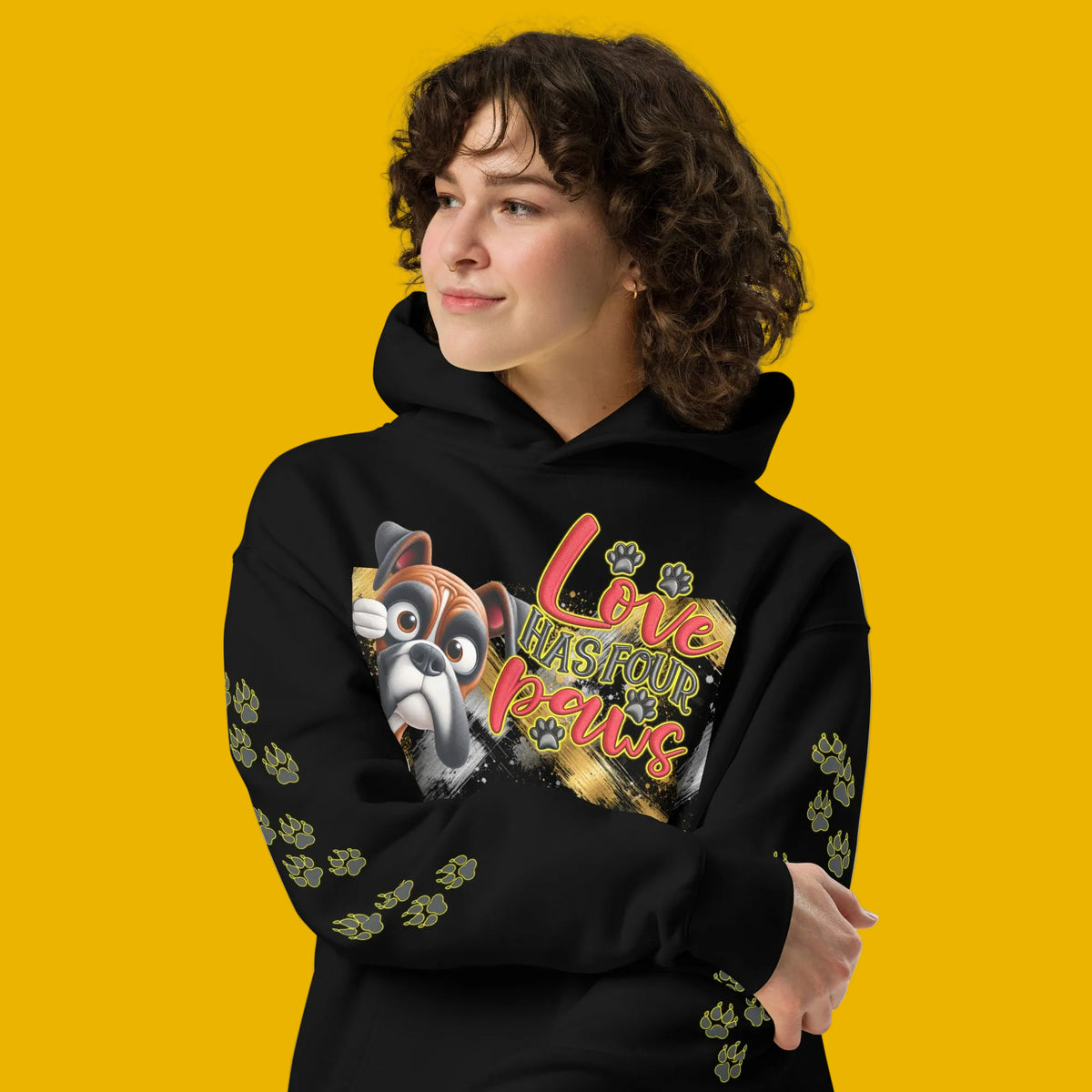 Alternate front view of V.I.M Loyal Companion dog graphic oversized hoodie